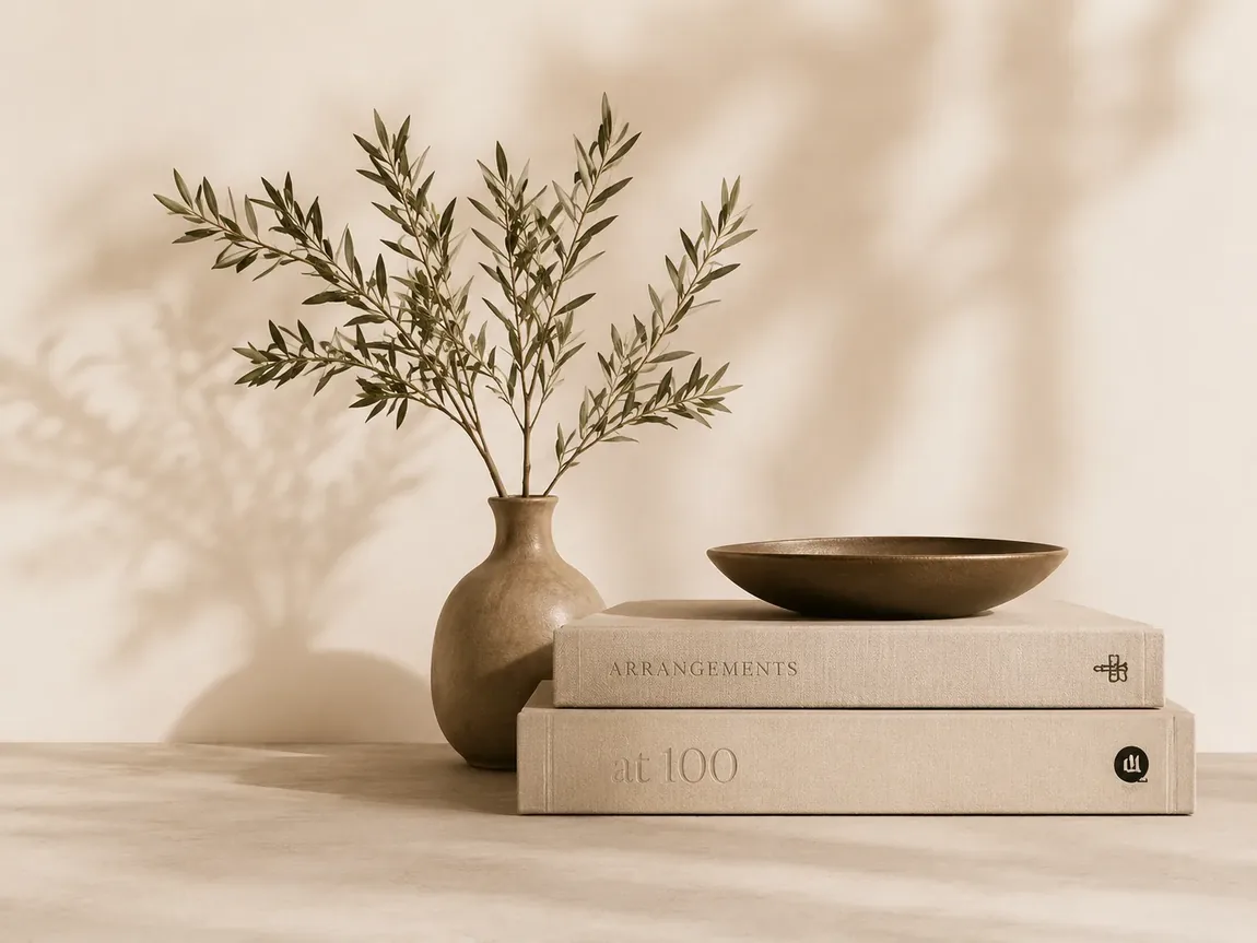 Still life with ceramic bowls and a branch