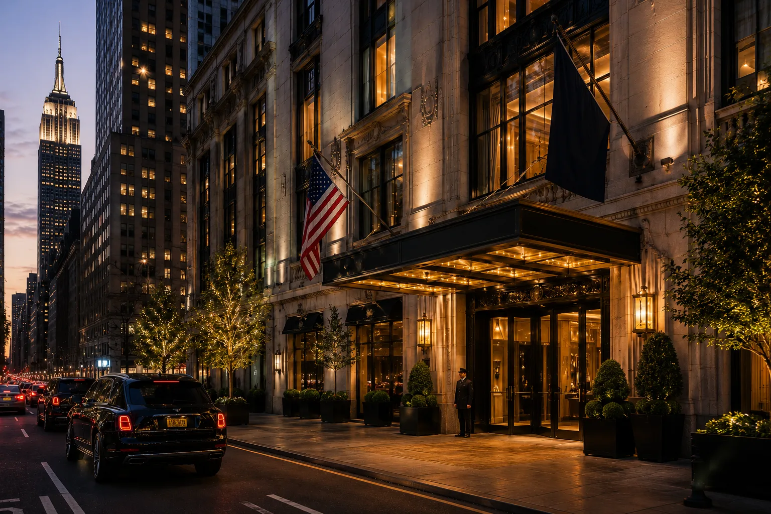 Illuminated luxury hotel facade at night