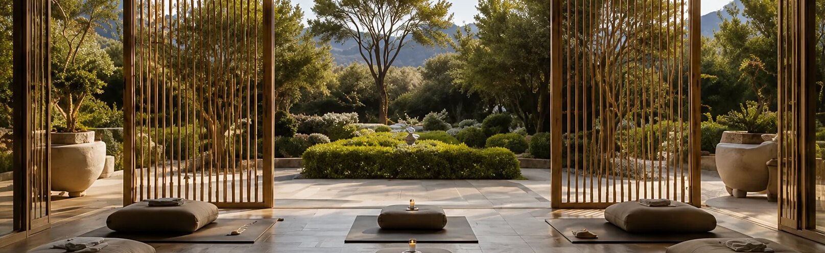 Ultra-luxury resort interior opening onto a garden